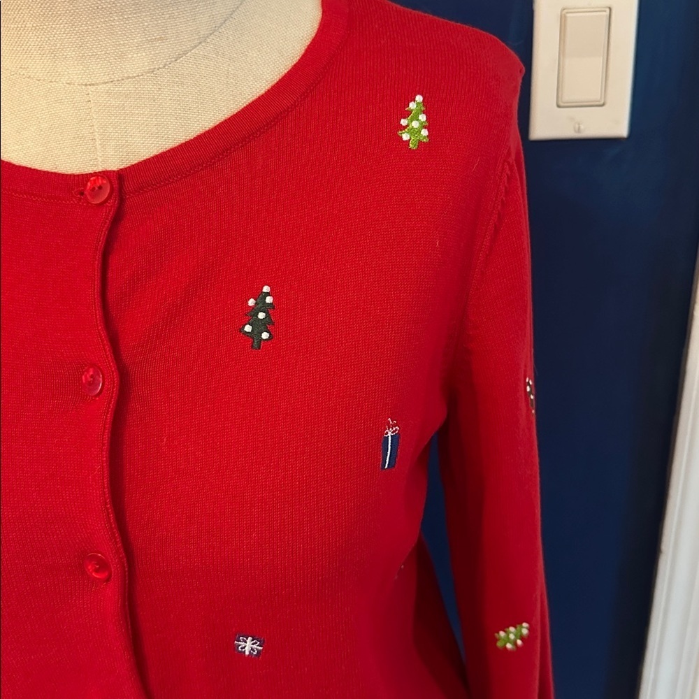 Vintage Christopher Banks Red Christmas Present Cardigan Cotton Sweater Size M - Picture 2 of 8